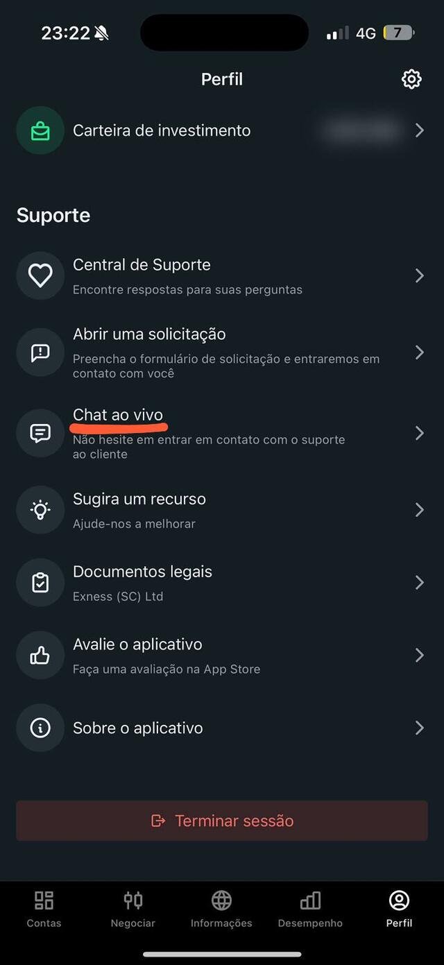 Menu Perfil da Exness com a opção Chat ao vivo em destaque